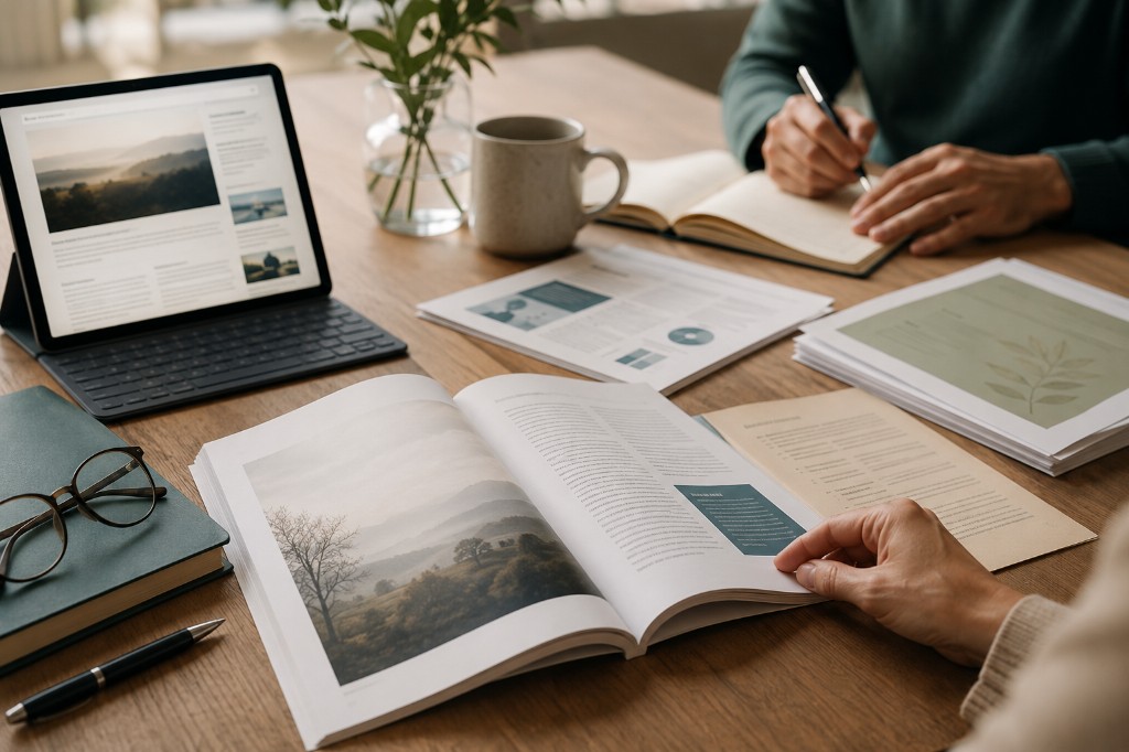 Arbeitsplatz mit Fachzeitschrift, Tablet und Notizen — Symbol für aktuelle Veröffentlichungen